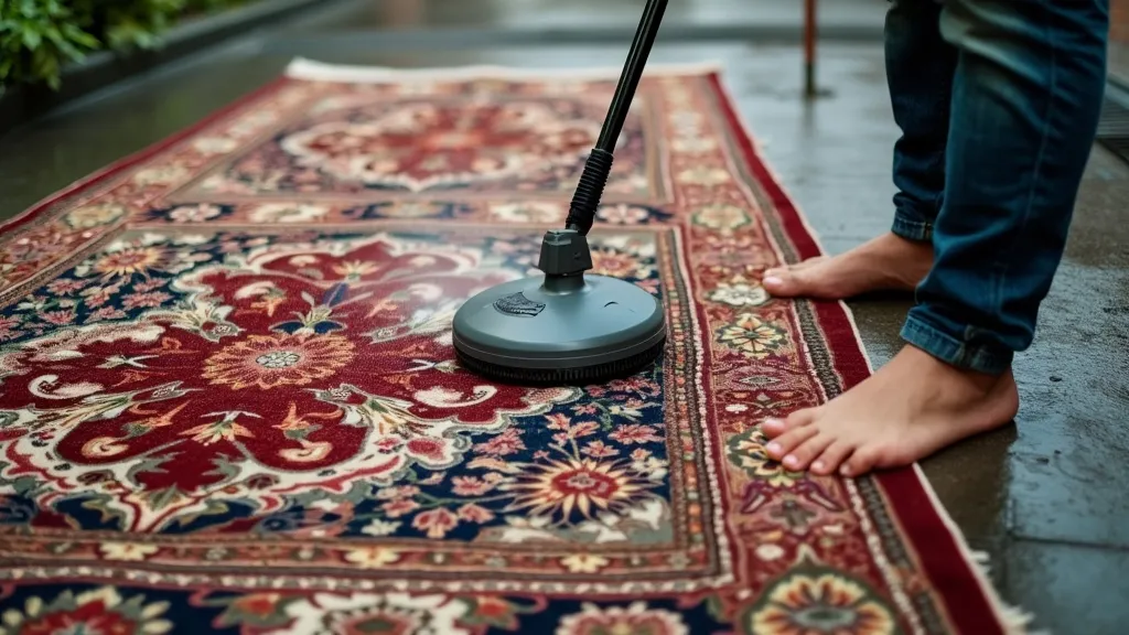 A worker cleaning the gas hob
