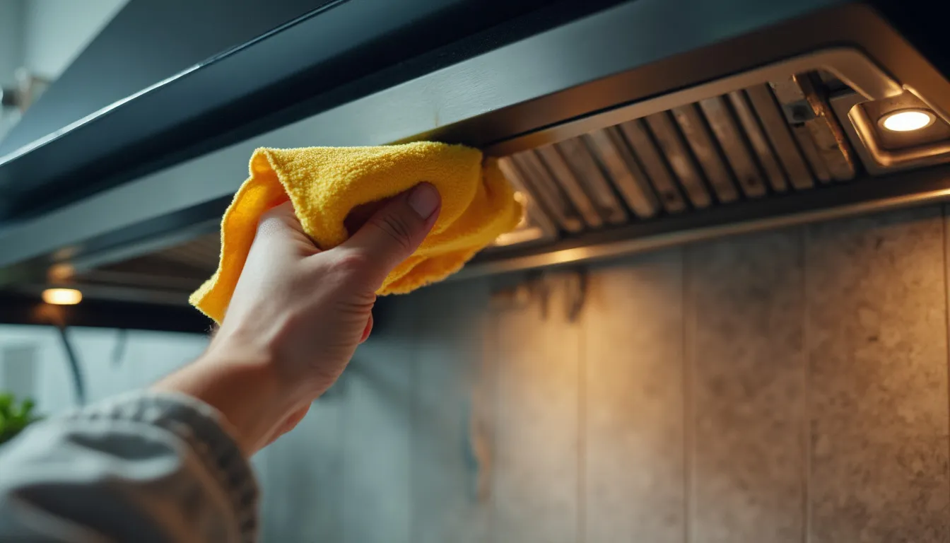 A worker cleaning the gas hob