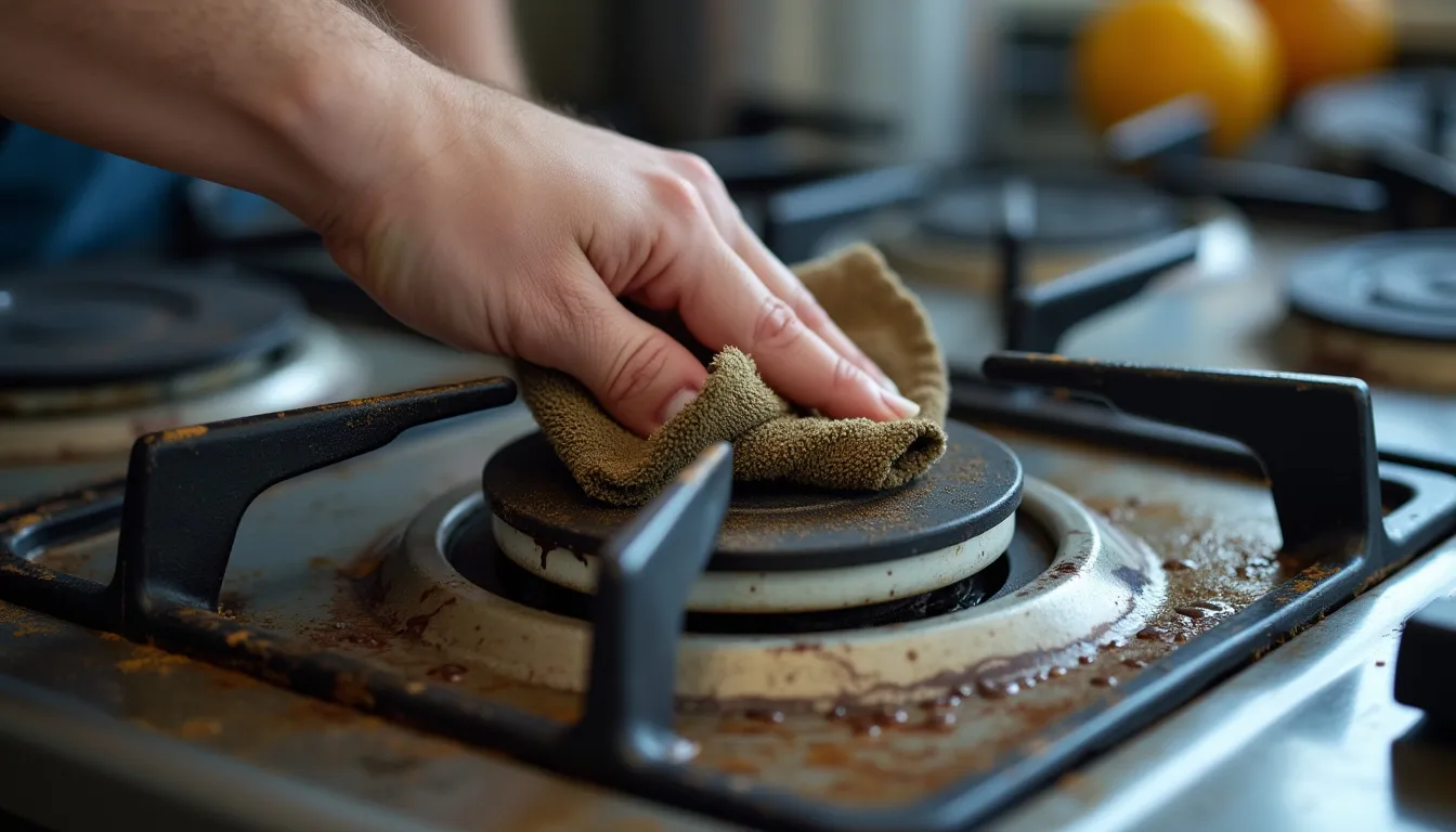 A worker cleaning the gas hob