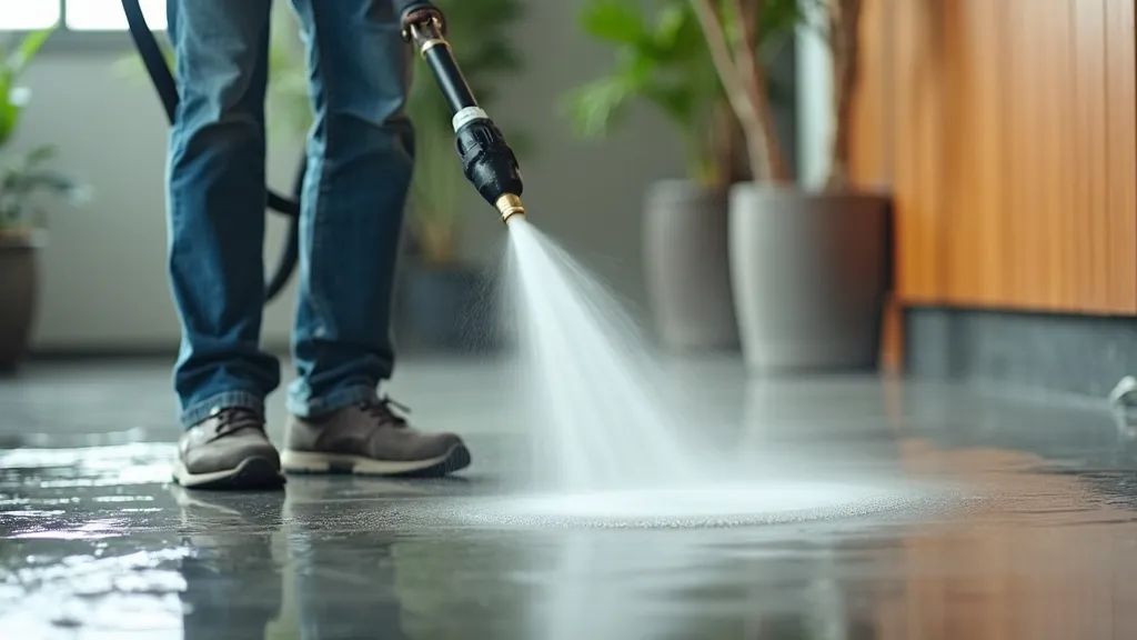 A worker pressure washing the floor